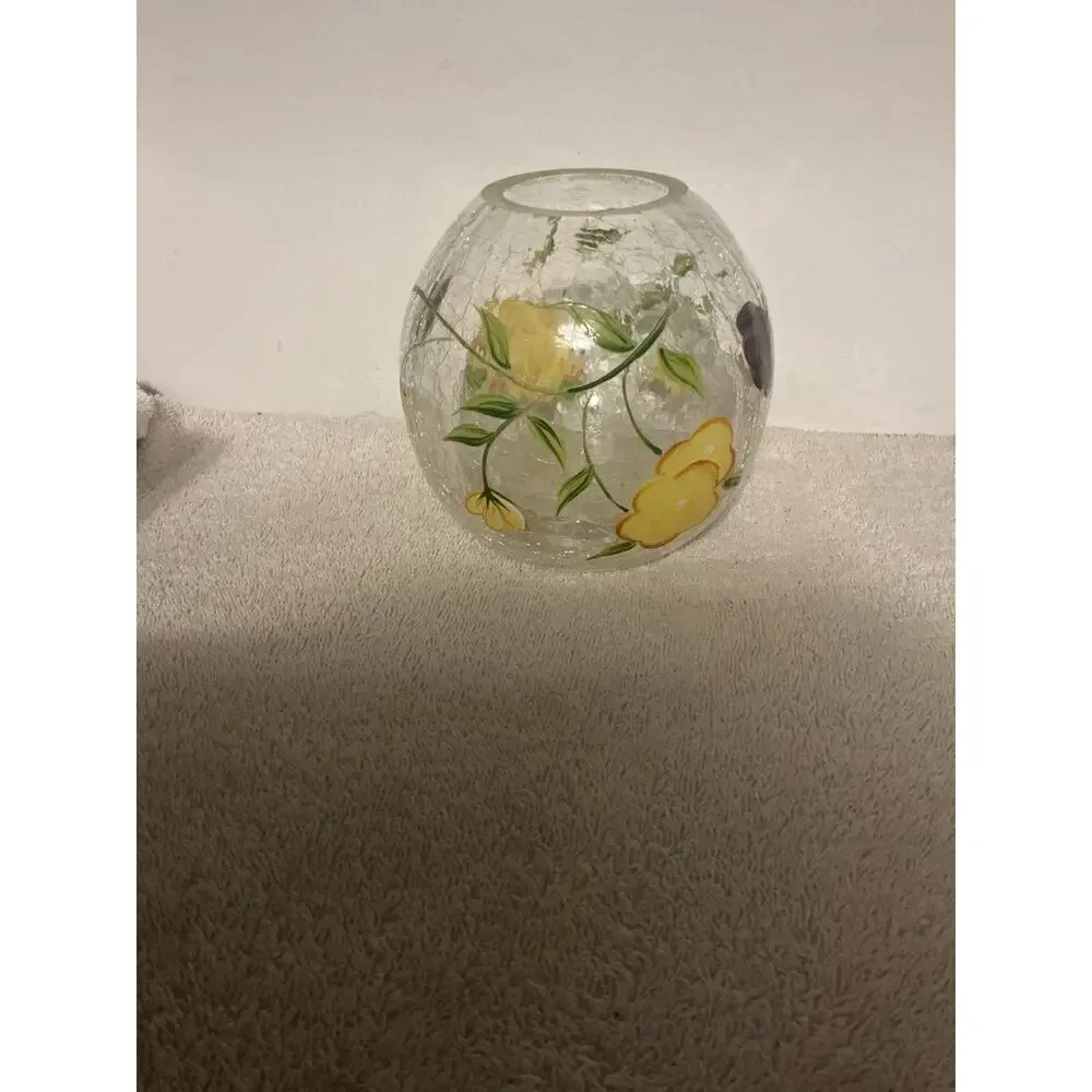 Vintage Fifth Avenue Crystal Crackle Glass Globe Yellow Floral Tea light